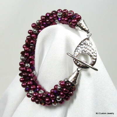 Raspberry Pearl & Crystal Hammered Toggle Bracelet