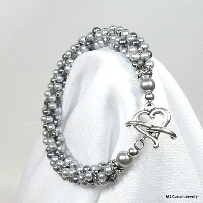 Silver Pearl & Silver Smoke Crystal Heart Toggle Bracelet