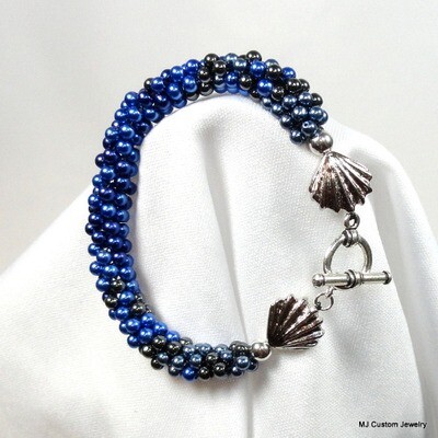 Blue Pearl Ombre & Silver Shell Toggle Bracelet