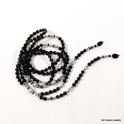 Black Agate, Silver FW Pearl & Crystal 35" Lariat