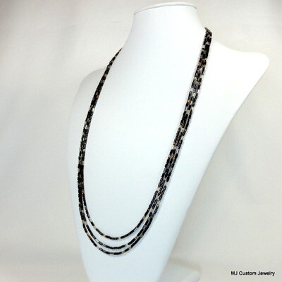 Black Agate Tiny Tubes Triple Strand 30" Necklace