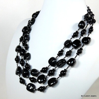 Black Agate Chunky Nugget Triple Strand Necklace
