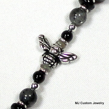 Black Agate & Labradorite Silver Honey Bee Necklace