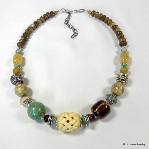 Basket Weave Bone, Turquoise & Horn Tribal Necklace