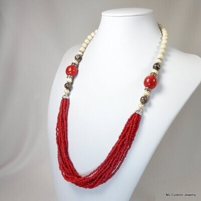Red Coral & Antique Tibetan Dzi Bead Tribal Necklace