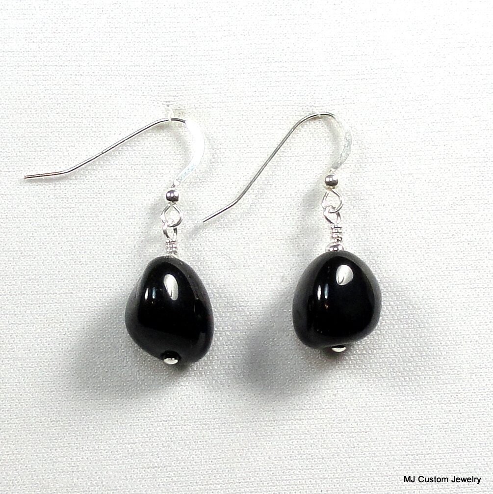 Black Agate Smooth Nugget Earrings