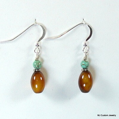 Brown Agate Gemstone Melons & Turquoise Earrings