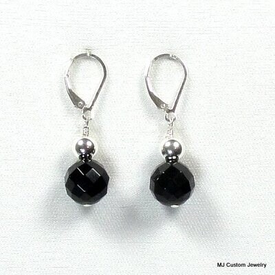 Faceted Black Agate & Silver Ball Earrings