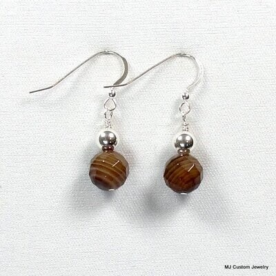 Banded Agate Faceted Gemstone & Silver Ball Earrings