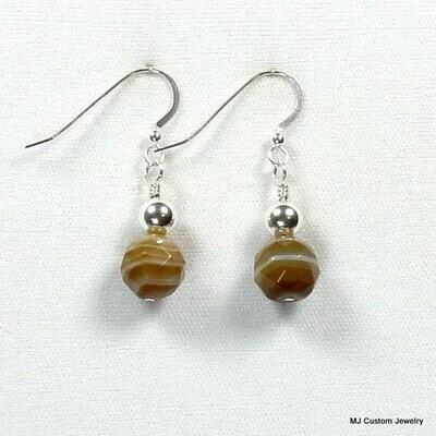Banded Lt. Agate Faceted Gemstone & Silver Ball Earrings