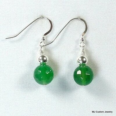 Green Agate Faceted Gemstone & Silver Ball Earrings