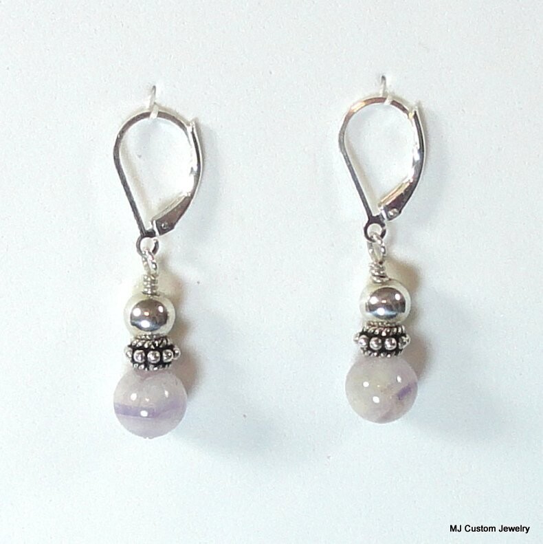 Chevron Amethyst, Bali Silver & Silver Ball Earrings