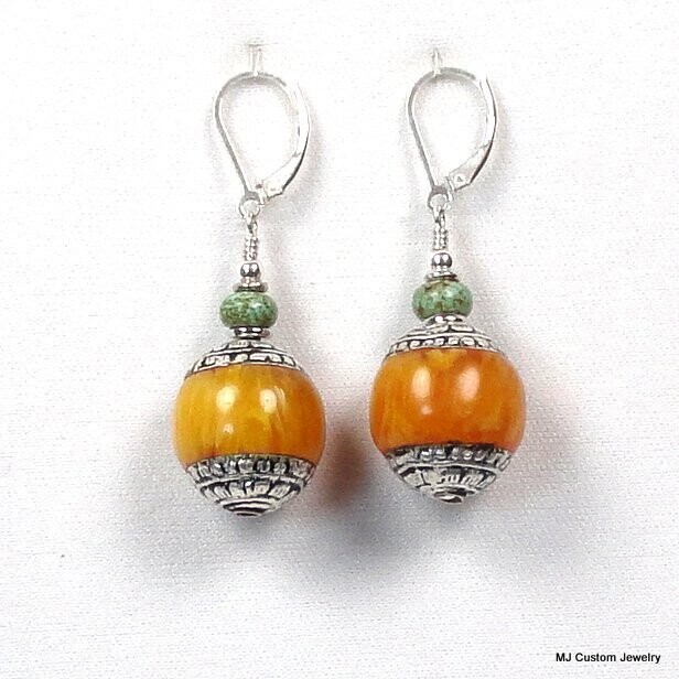 Nepal Amber Repoussé Bead & Turquoise Earrings