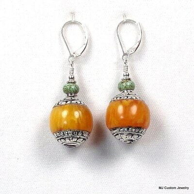 Nepal Amber Repoussé Bead & Turquoise Earrings