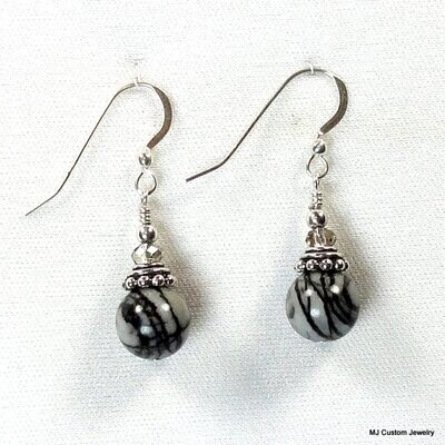 Black Silk Stone & Crystal Bali-Style Cap Earrings