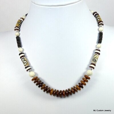 African Batik Bone Bead & Shell Heishi Necklace