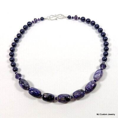 Charoite Barrels & Swarovski Pearl Necklace