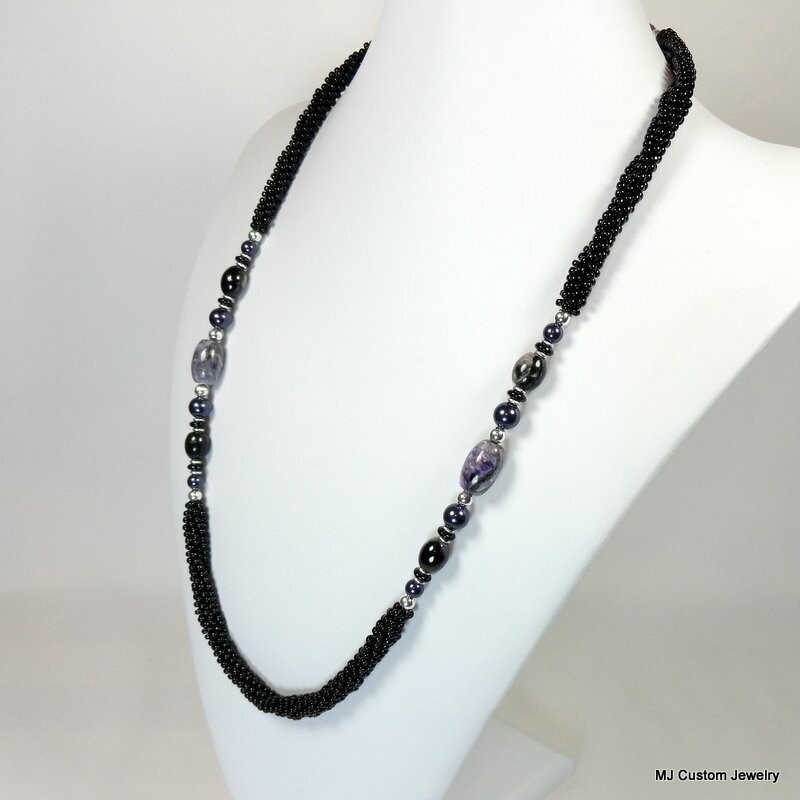 Charoite & Swarovski Pearl Kumihimo Rope Necklace