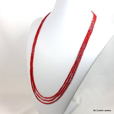 Red Coral Tiny Tubes Triple Strand 30" Necklace