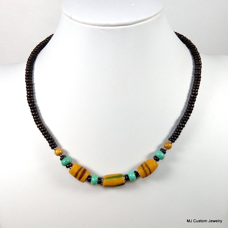 African Trade Bead, Turquoise & Camel Bone Necklace