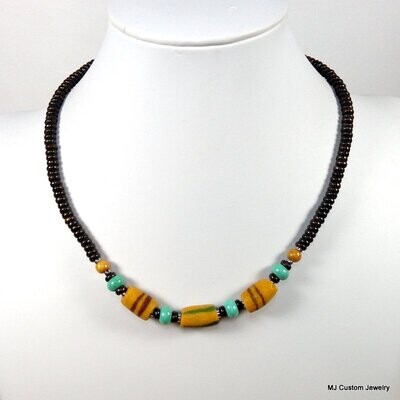 African Trade Bead, Turquoise & Camel Bone Necklace