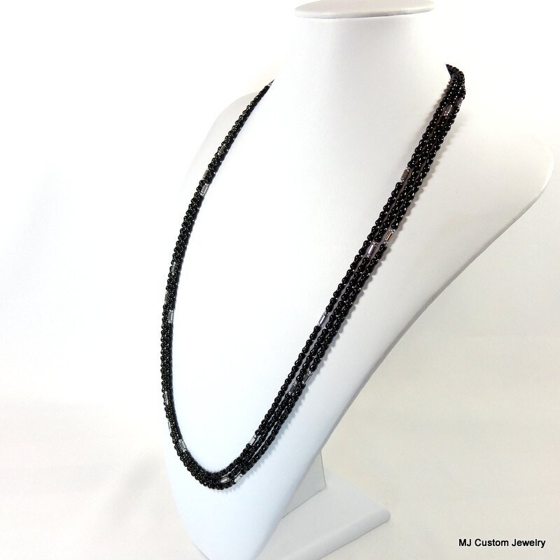 Black Czech Glass Tubes Triple Strand 30" Necklace