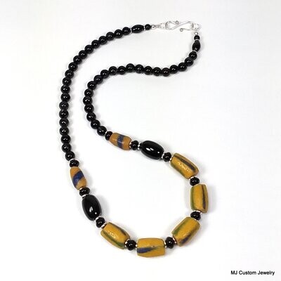 African Powder Glass Trade Bead & Black Agate Necklace