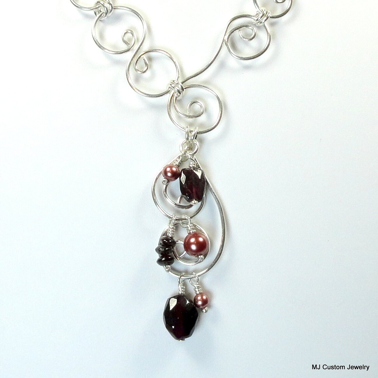 Garnet & Marsala Pearl Filigree Wire Necklace