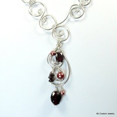 Garnet & Marsala Pearl Filigree Wire Necklace