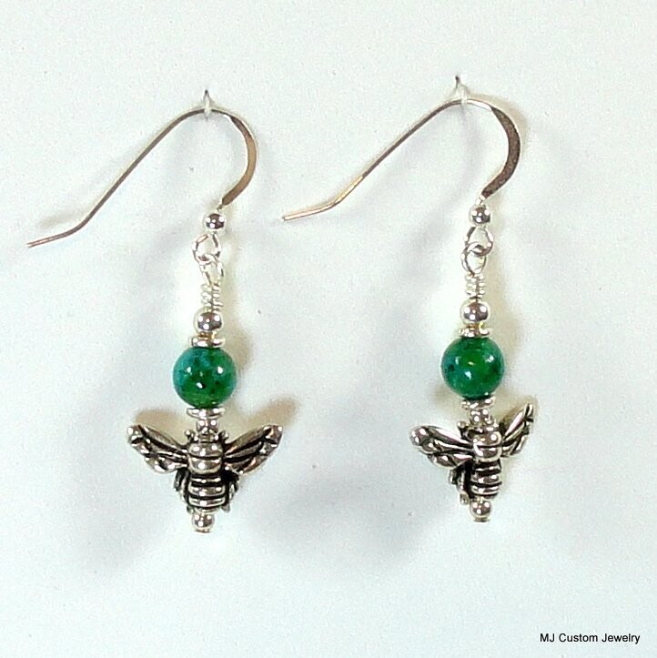 Chrysocolla Gemstones & Silver Honey Bee Earrings