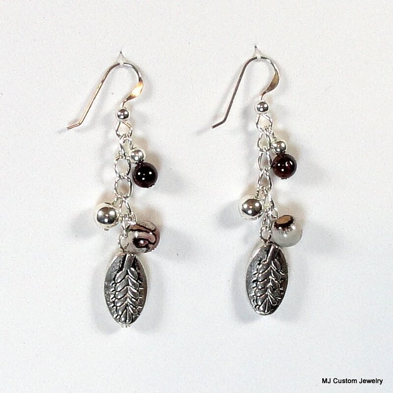 Crazy Horse Stone, Garnet & Oval Leaf Chain Earrings