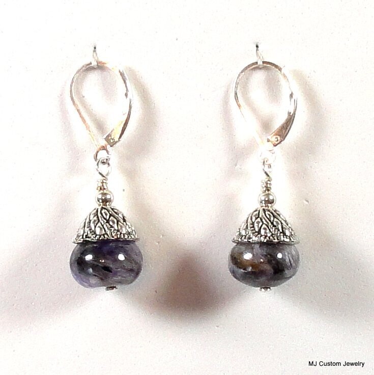 Charoite Rondelles Leaf Embossed Bead Cap Earrings