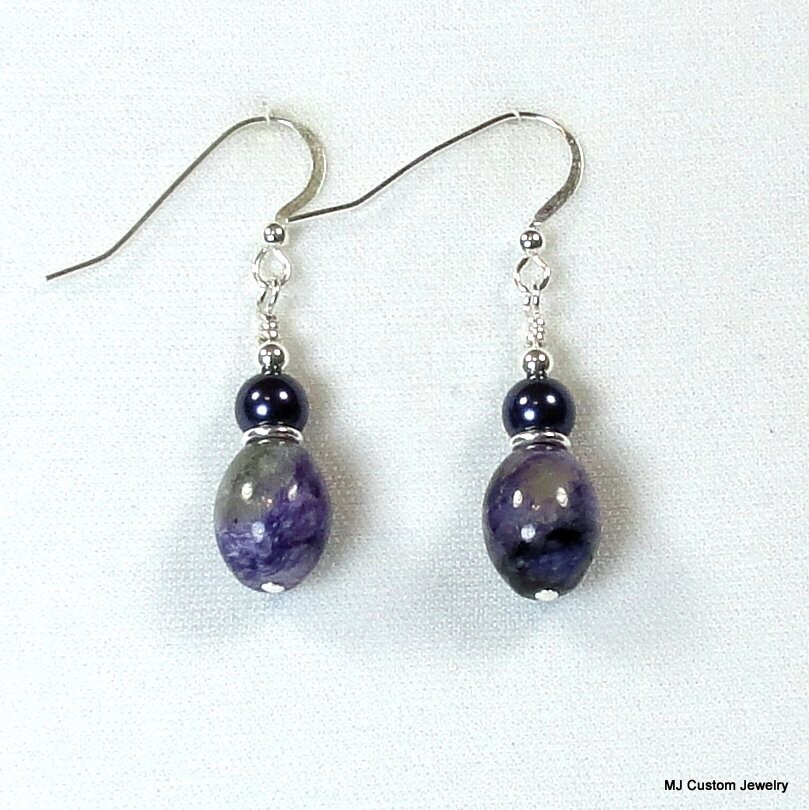 Charoite Gemstone & Swarovski Pearl Earrings