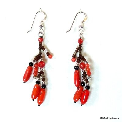 Red Coral & Black Agate Branch Earrings