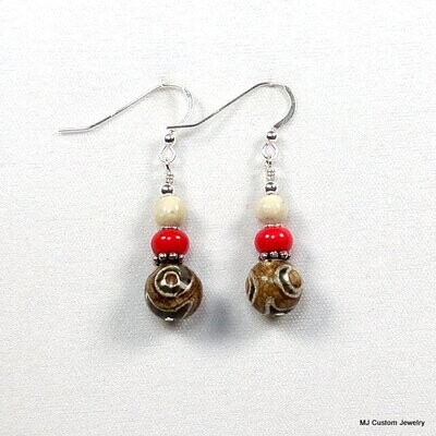 Red Coral & Antique Tibetan Dzi Bead Earrings