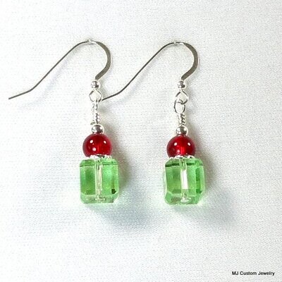 Green Czech Crystal Cube Holiday Earrings