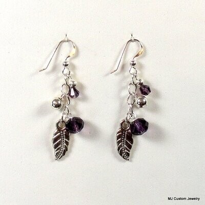 Amethyst Lead Crystal & Silver Leaf Chain Earrings