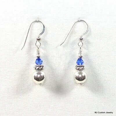 Sapphire Crystal, Silver Ball & Rope Rondelle Earrings