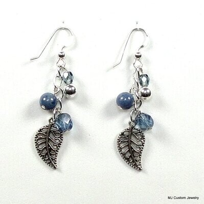 Dumortierite, Crystal & Filigree Leaf Chain Earrings