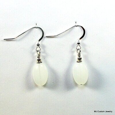 White Milk Glass Flat Oval Earrings
