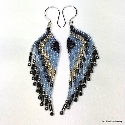 Blue & Grey Angel Wing Fringe Chandelier Earrings