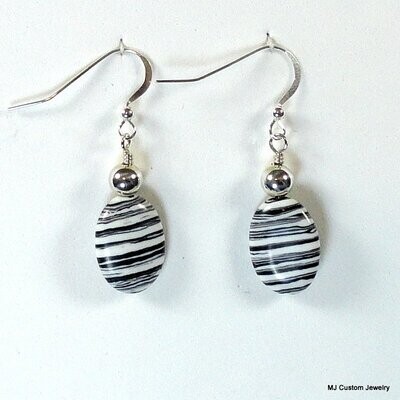 Black & White Zebra Glass Flat Oval Earrings