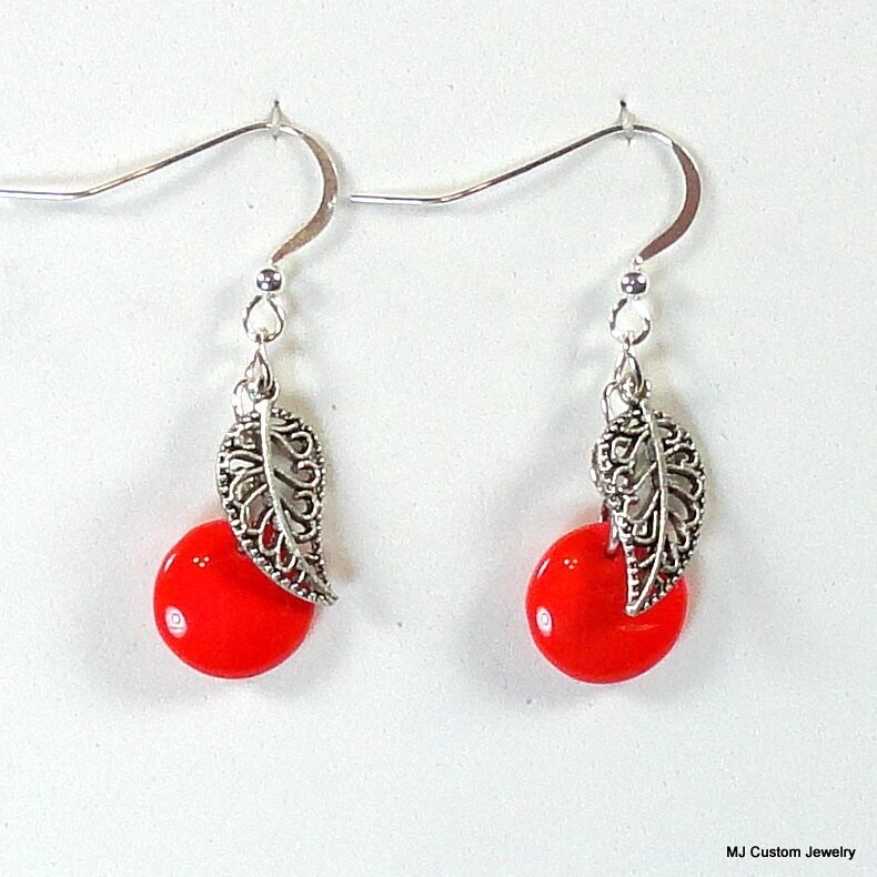 Red Czech Glass "Cherries" & Silver Leaf Earrings