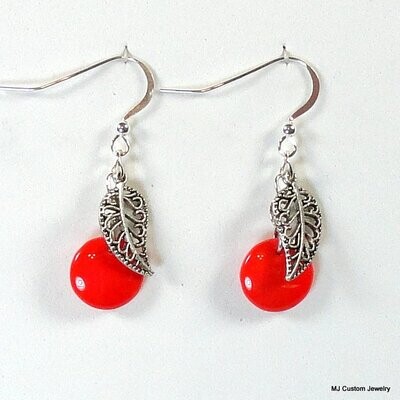 Red Czech Glass "Cherries" & Silver Leaf Earrings