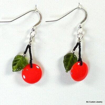 Red Czech Glass "Cherries" & Green Leaf Earrings