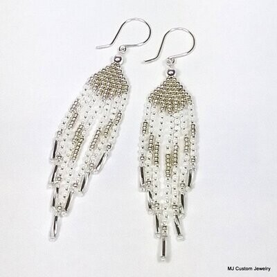 Pearly-White & Silver Fringe Chandelier Earrings