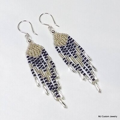 Navy Blue & Silver Fringe Chandelier Earrings
