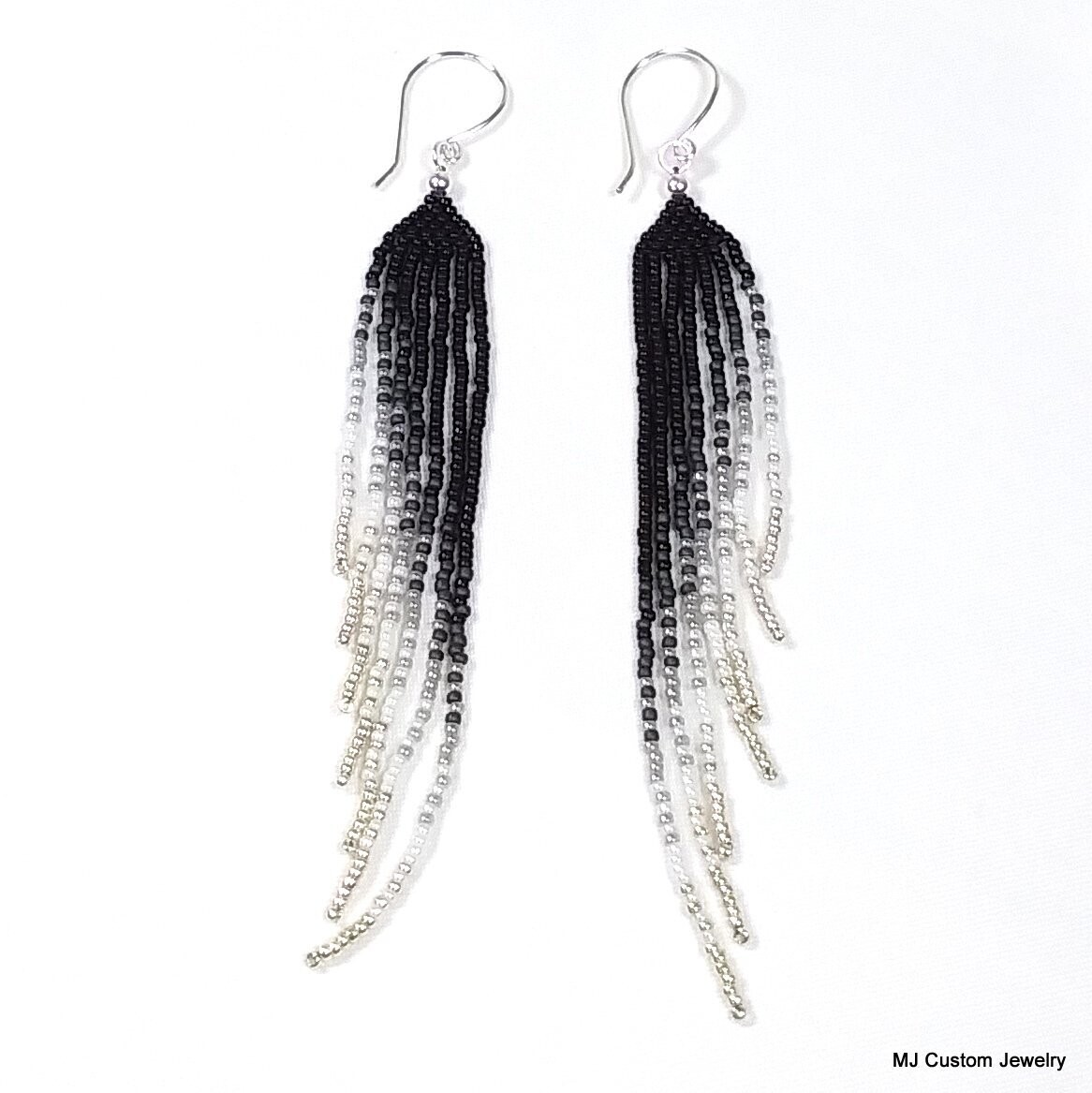 Black to Silver Gradient Fringe Chandelier Earrings