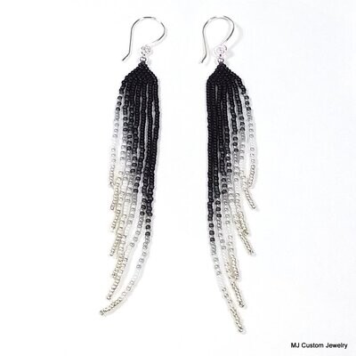 Black to Silver Gradient Fringe Chandelier Earrings