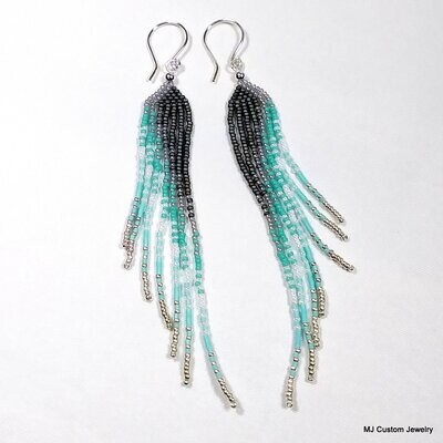 Smoke to Aqua Gradient Fringe Chandelier Earrings